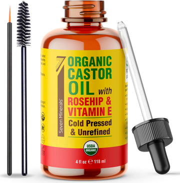 Seven Minerals castor oil bottle with rosehip and vitamin E for lash and brow care.