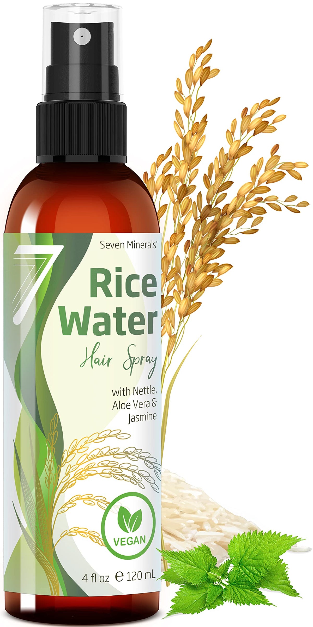 Seven Minerals fermented rice water spray bottle ready for use on hair.
