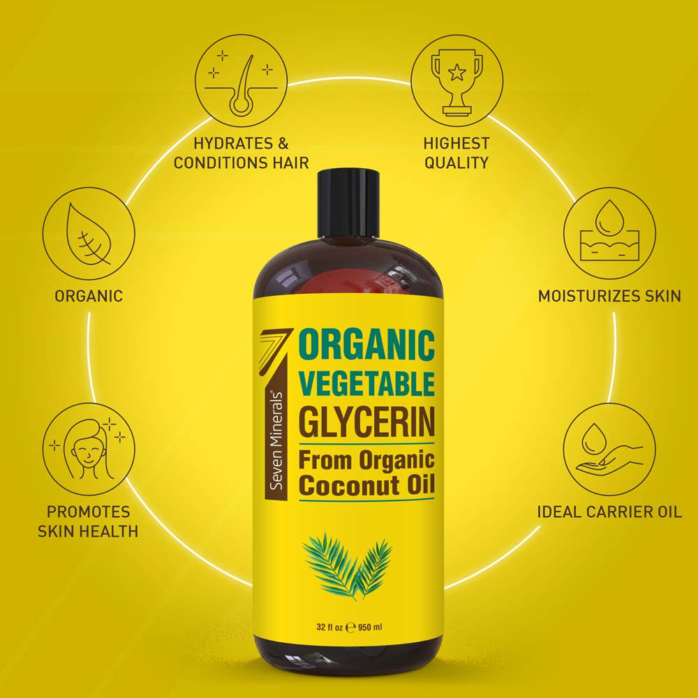 Etiqueta clara de Seven Minerals glicerina vegetal, ideal para usos caseros de cuidado.