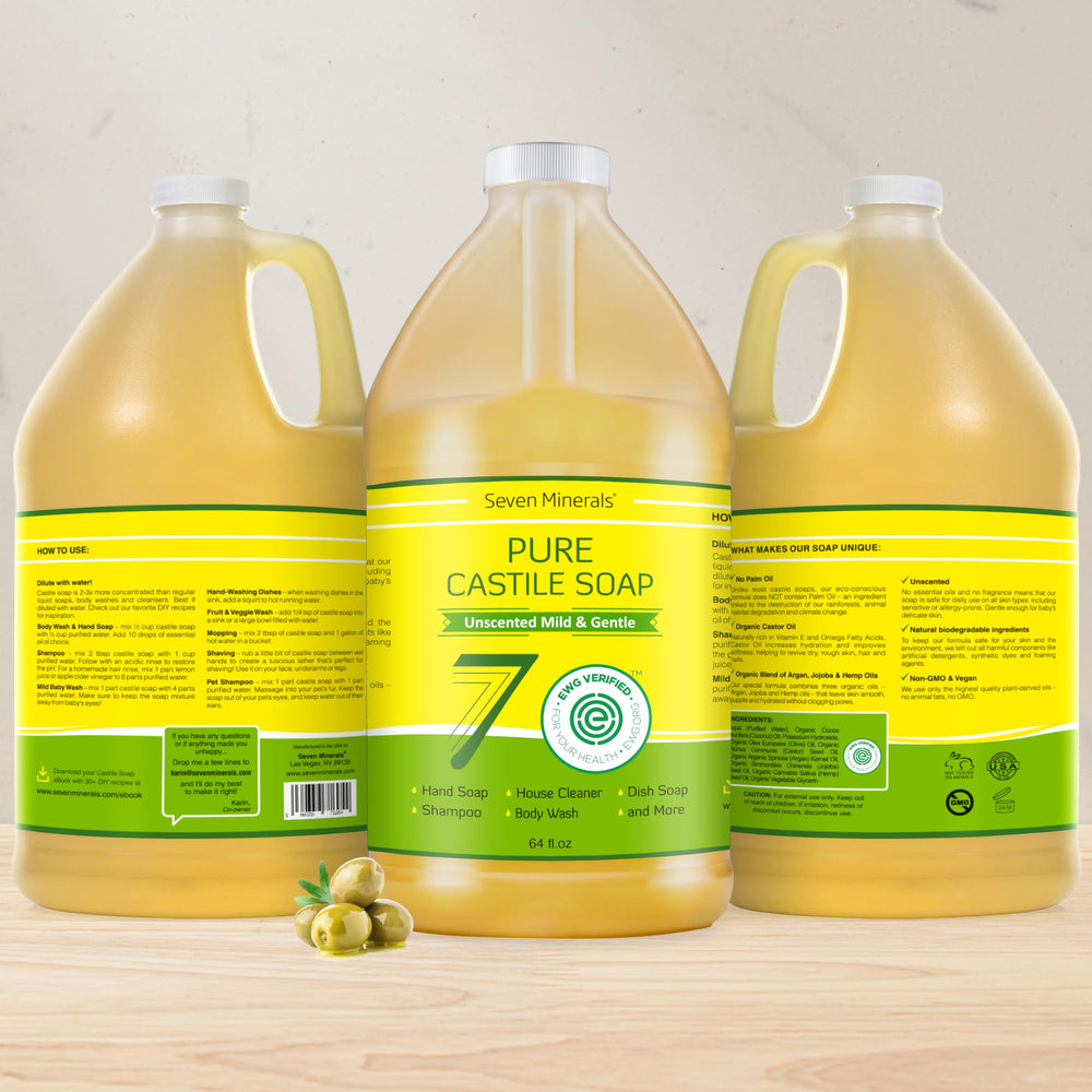 Seven Minerals Pure Castile: aceites orgánicos para una limpieza suave y nutritiva.
