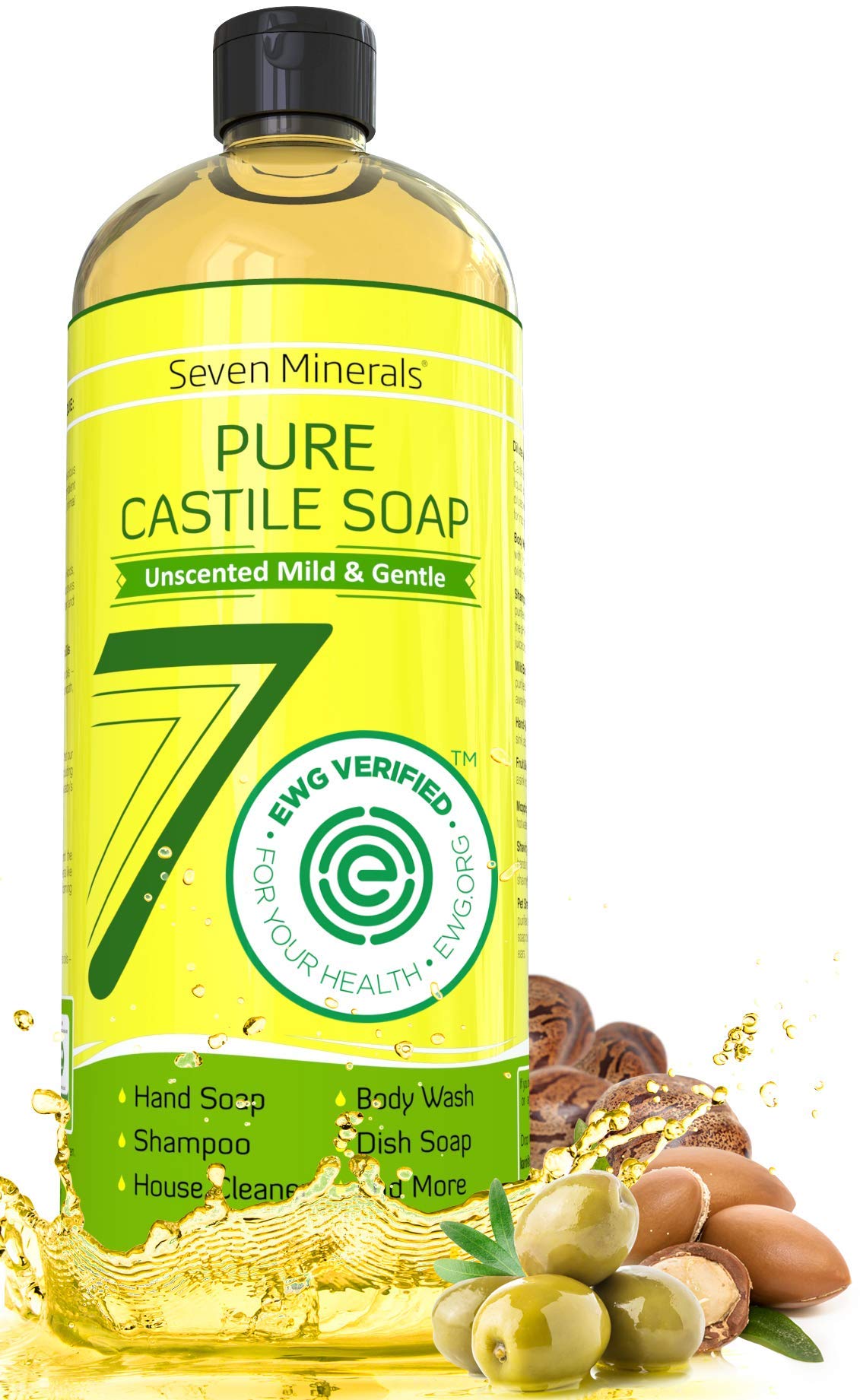 Seven Minerals Savon Castile Pur, flacon: nettoyage en douceur pour peau sensible.