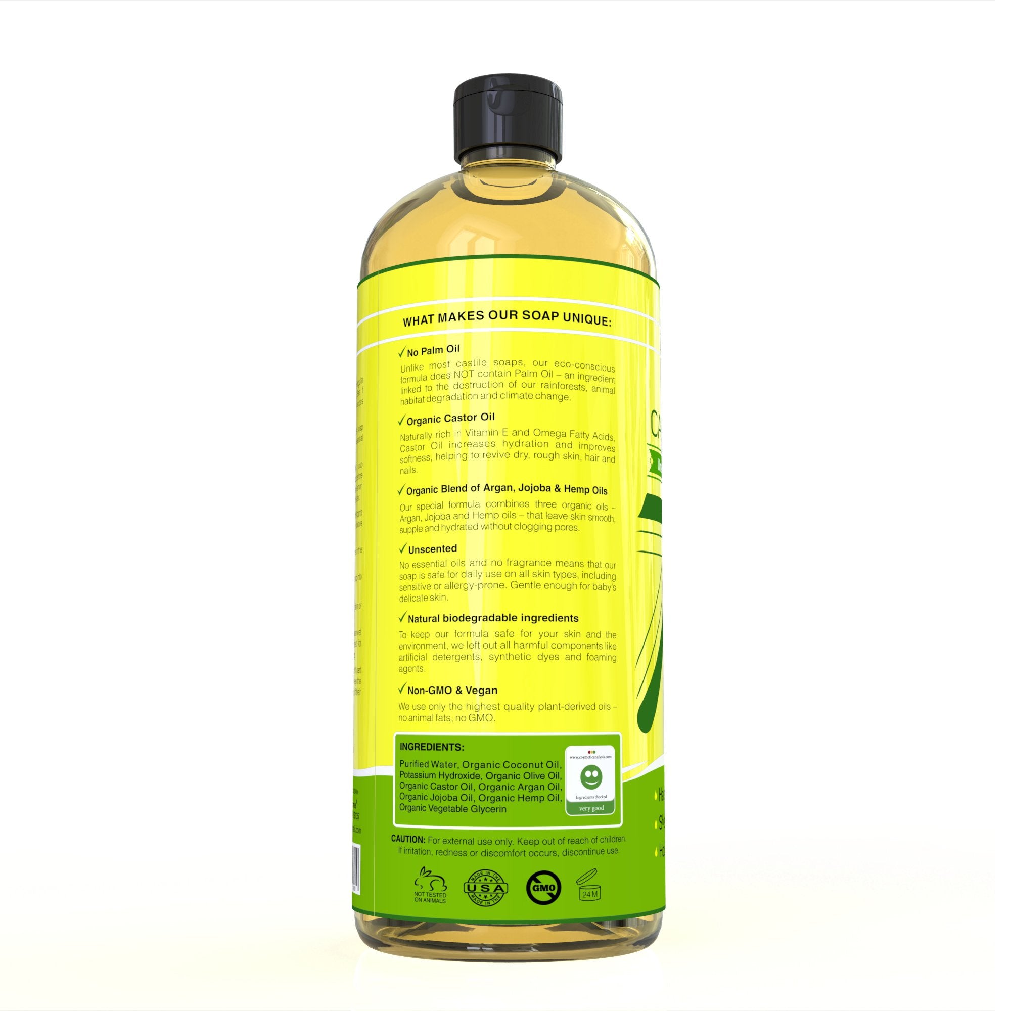 Seven Minerals Savon Castile Pur, utilisation polyvalente comme gel douche et vaisselle.