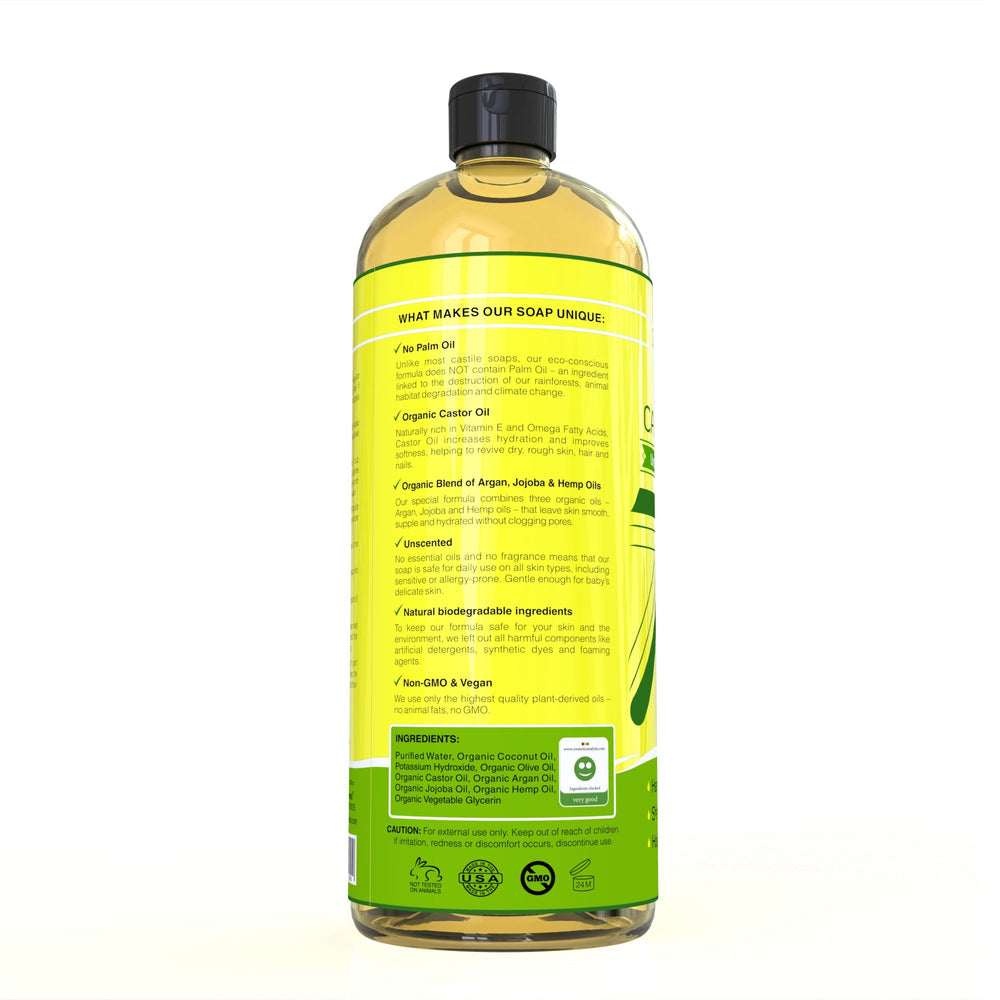 Seven Minerals Savon Castile Pur, utilisation polyvalente comme gel douche et vaisselle.