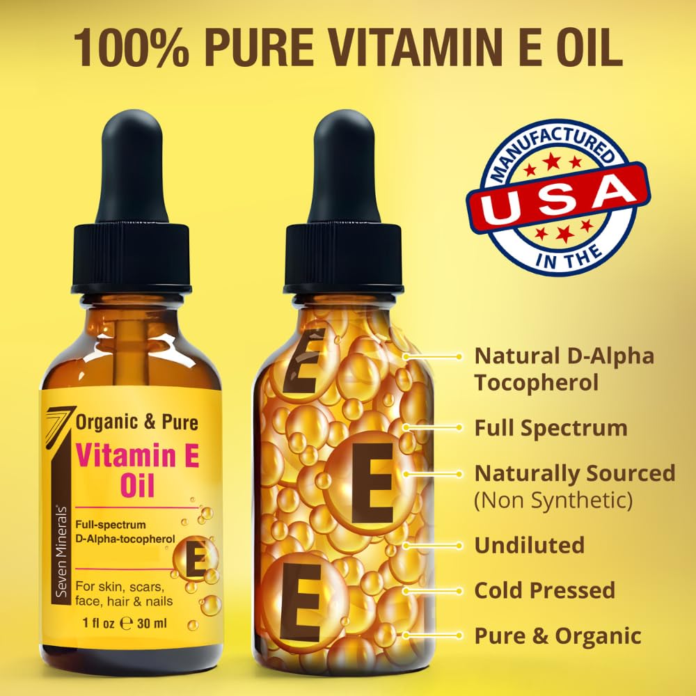Seven Minerals Ultra Pure Vitamin E Oil dropper ready for precise facial application.