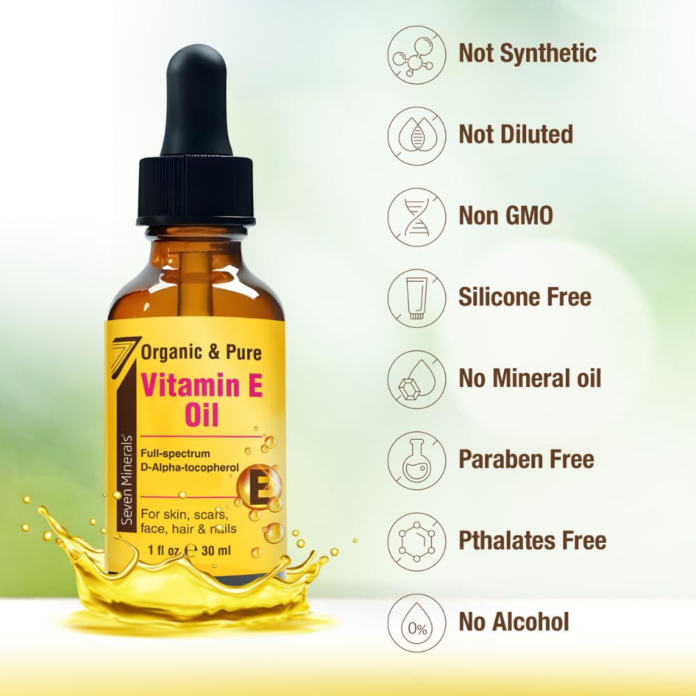 Seven Minerals Vitamin E Oil ingredients label highlights pure D-Alpha tocopherol.