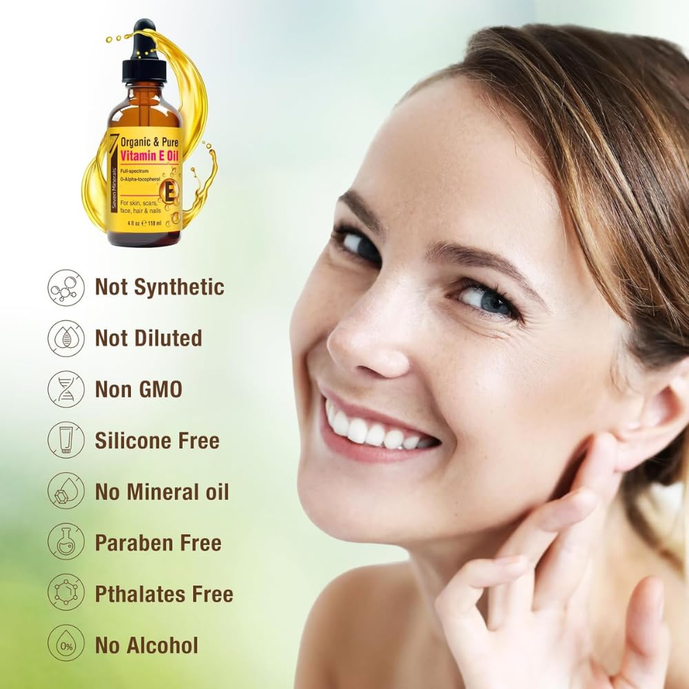 Applying Seven Minerals Vitamin E Oil on skin during routine for softness.