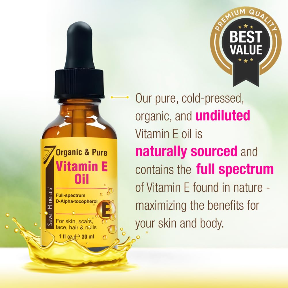 Seven Minerals Vitamin E Oil applied to skin for deep hydration and smooth texture.