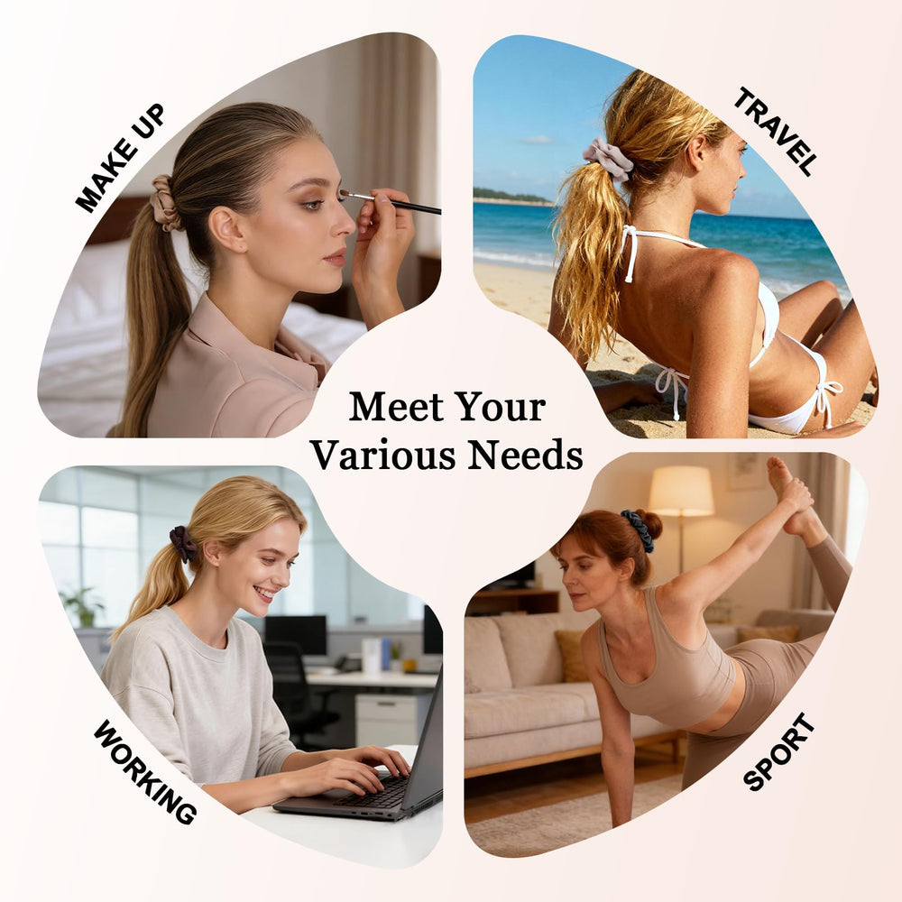 SEVEN STYLE Ultra-Petite satin scrunchies marrón claro, complemento discreto para cabello fino