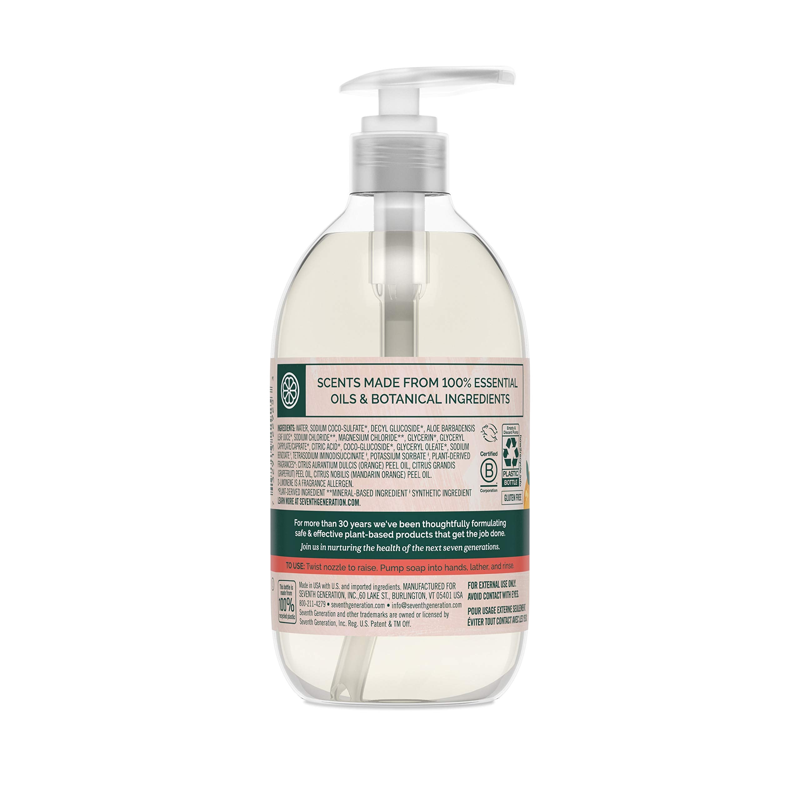 Seventh Generation jabón manos cítrico, botella en ángulo, aroma fresco que anima.