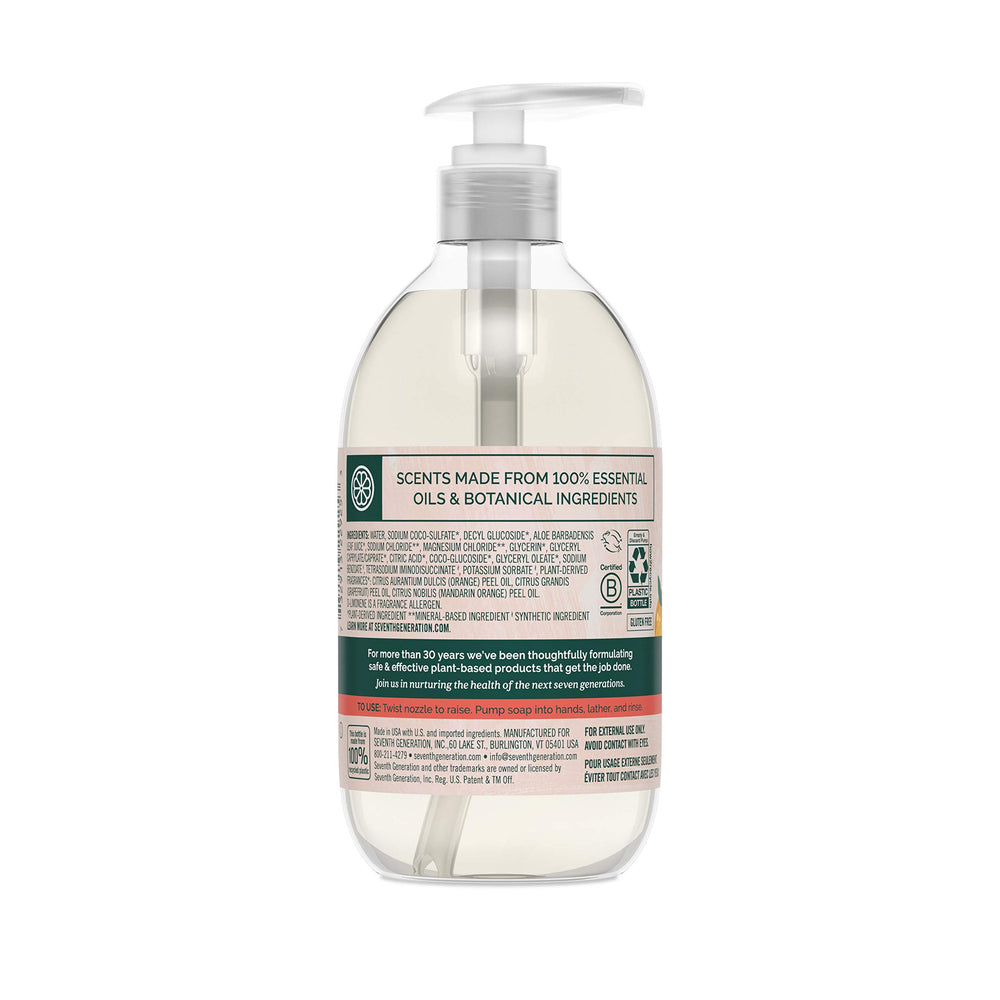 Seventh Generation jabón manos cítrico, botella en ángulo, aroma fresco que anima.