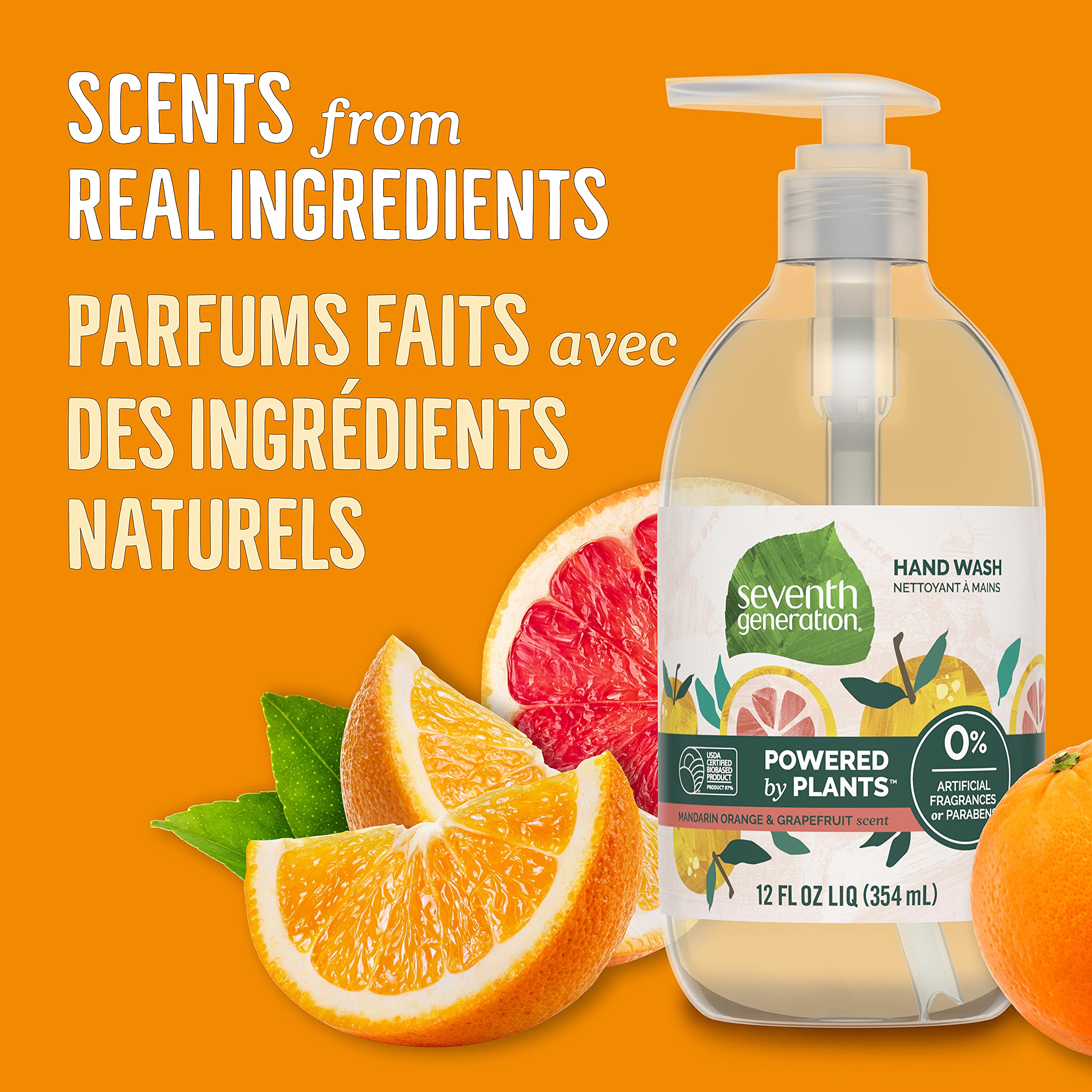 Jabón manos Seventh Generation, etiqueta clara, ingredientes basados en plantas.