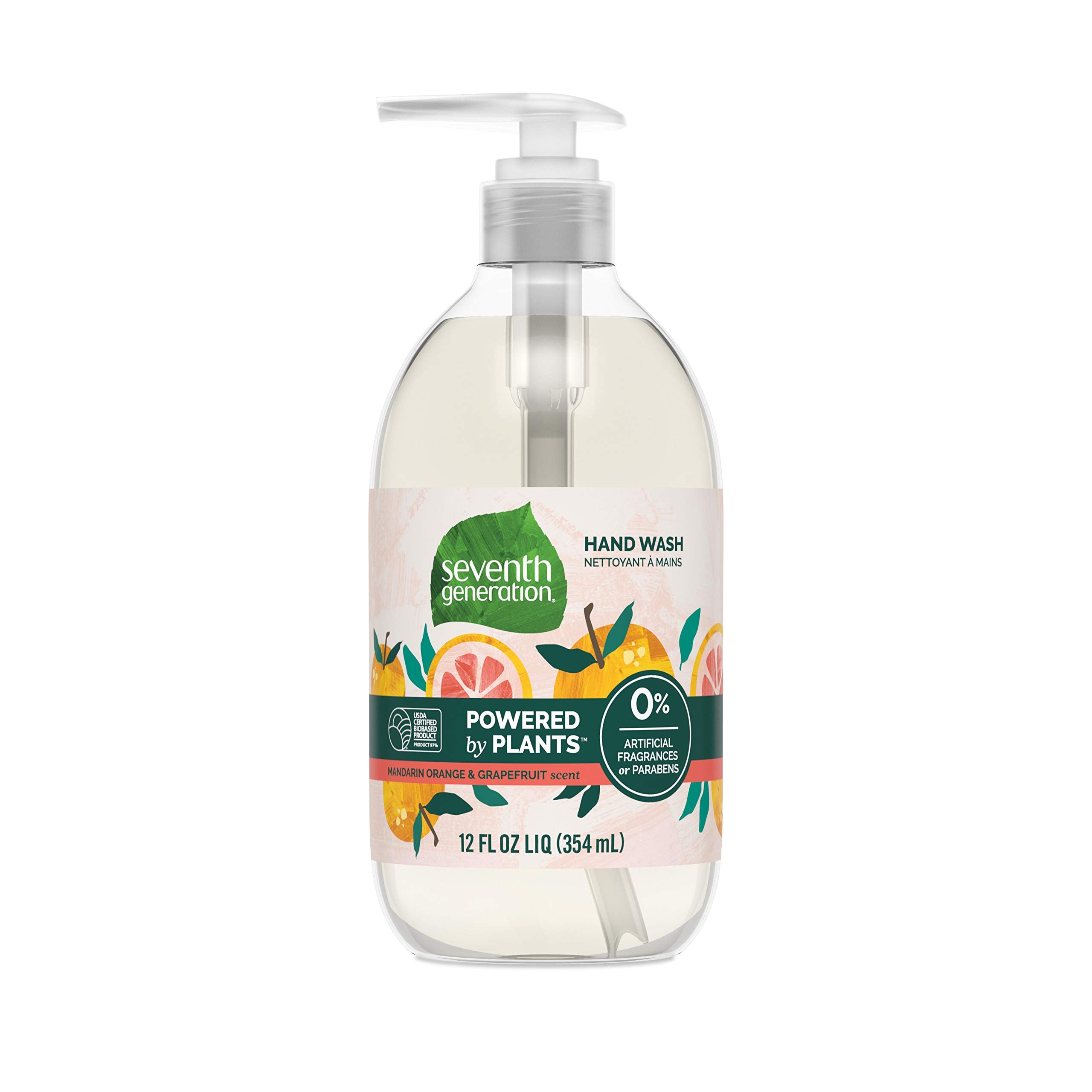 Jabón de manos Seventh Generation con aroma cítrico, frente de la botella, fórmula suave para la piel.