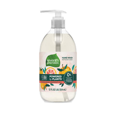 Jabón de manos Seventh Generation con aroma cítrico, frente de la botella, fórmula suave para la piel.
