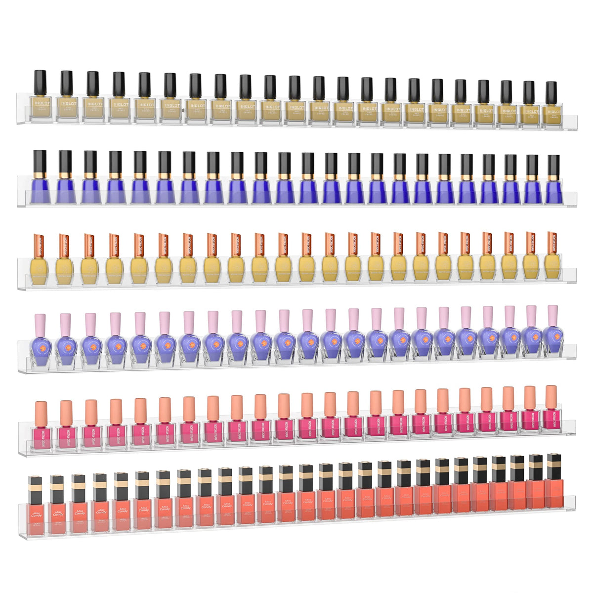 Sezanrpt rack-vernis-mural clair, visibilité optimale des flacons.