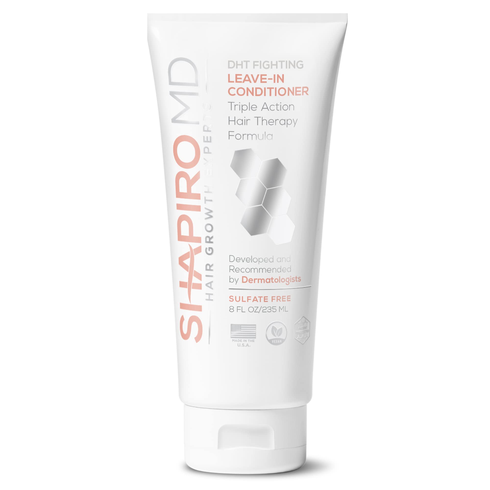 Acondicionador Shapiro MD para caída, enfoque en la botella y cabello más denso