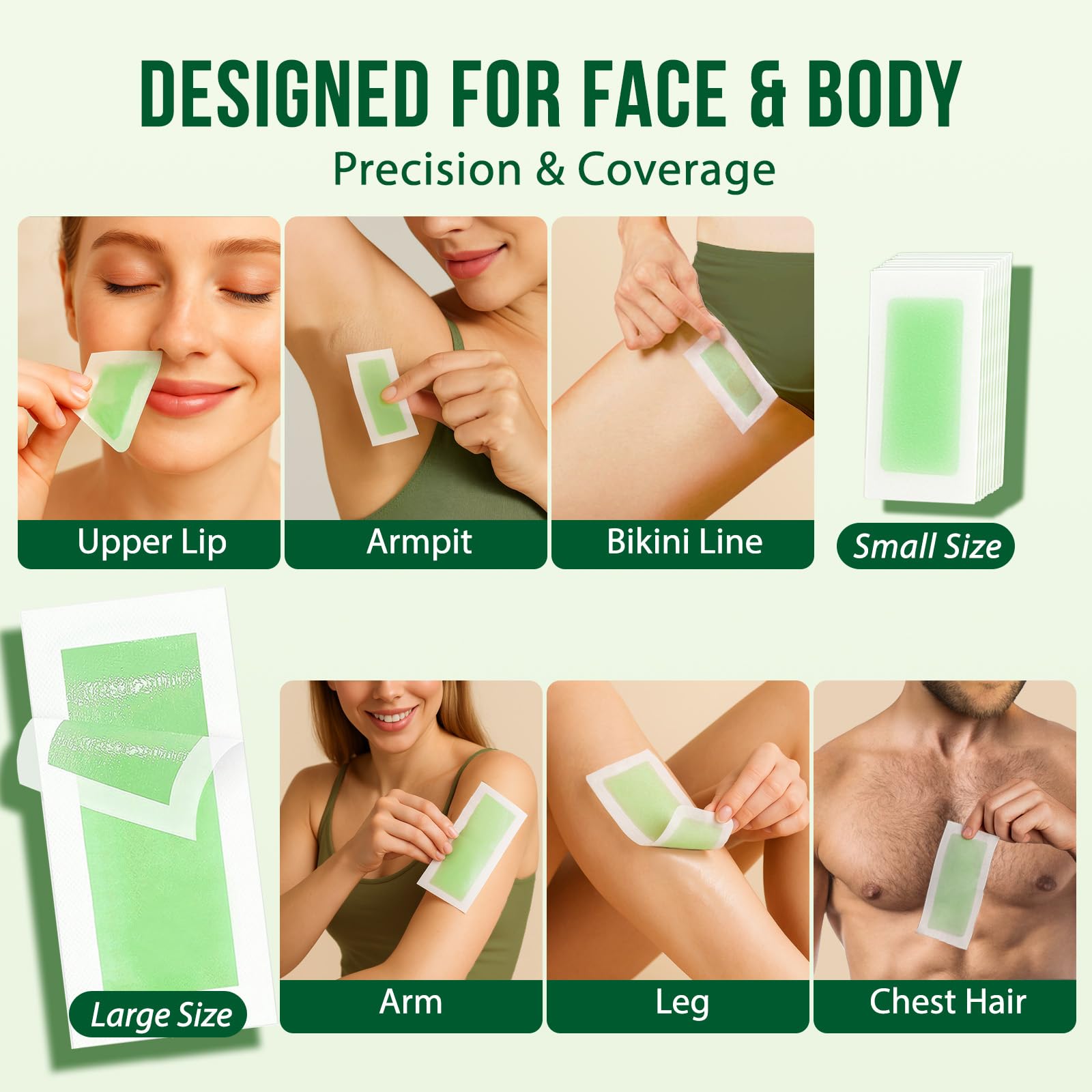 Sharmiz cinta depilatoria facial para labio superior y mejillas, piel tersa tras depilación.