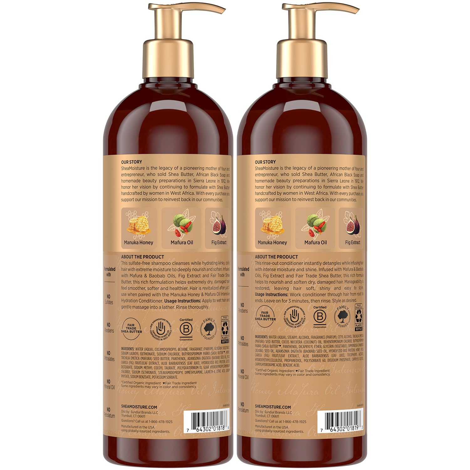 SheaMoisture acondicionador miel manuka botella, cabello suave y manejable.