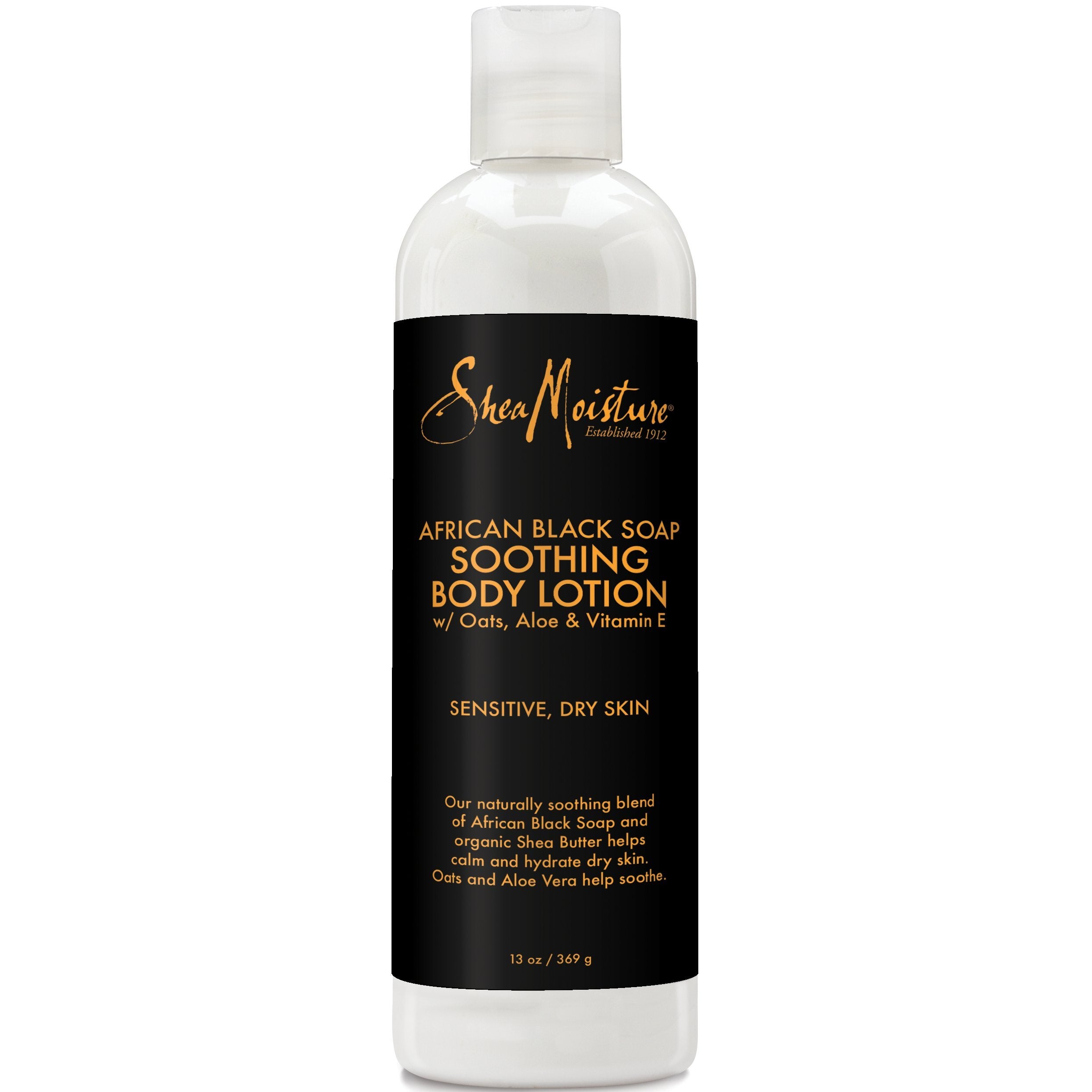 SheaMoisture African Black Soap Soothing Body Lotion bottle close-up for daily hydration.