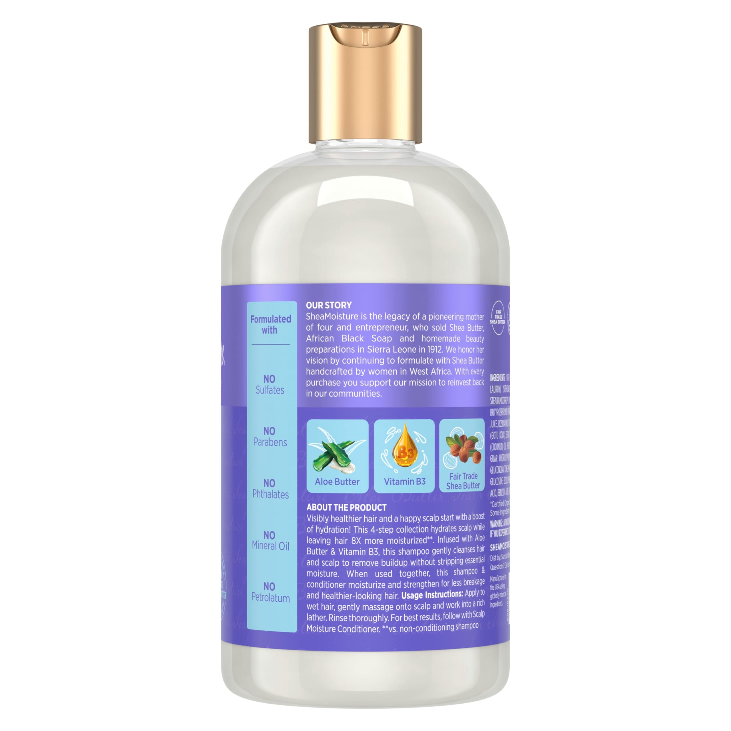 Aloe Butter and Vitamin B3 close-up in SheaMoisture shampoo highlighting nourishment.