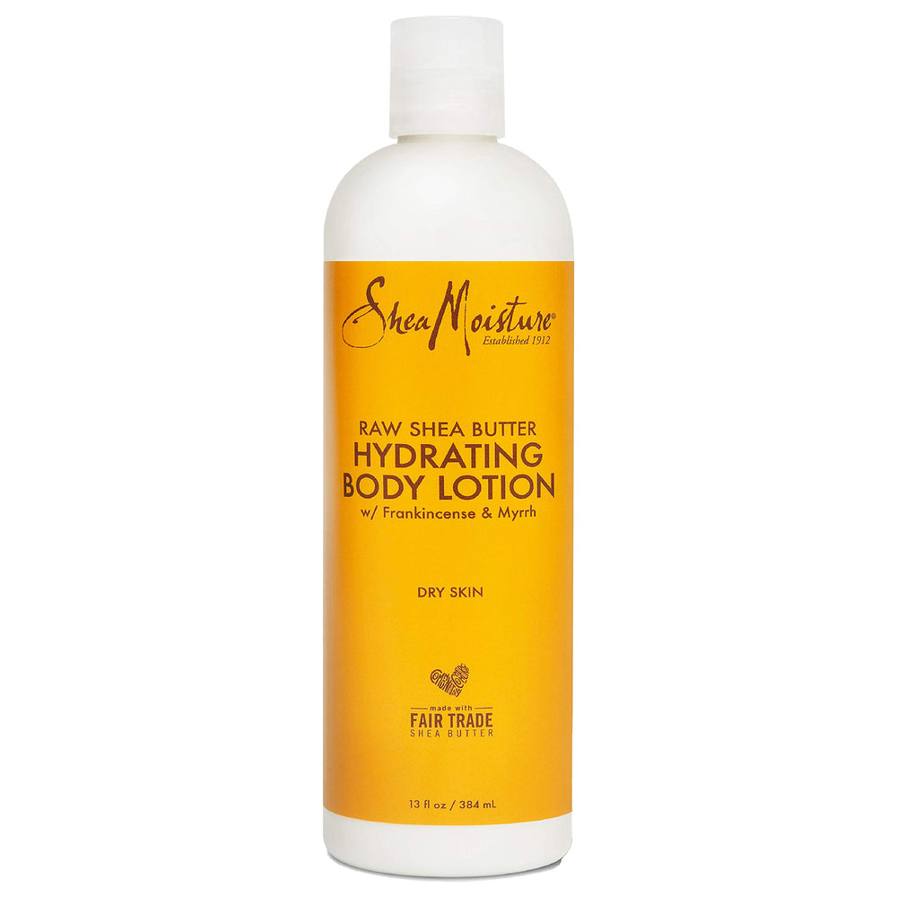 Botella de SheaMoisture con loción corporal de karité cruda para hidratación profunda.