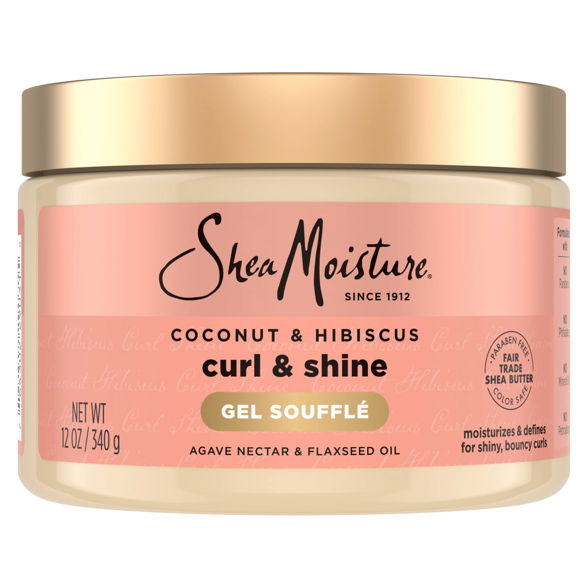 SheaMoisture Coconut Hibiscus Gel Soufflé en envase mostrando rizos definidos