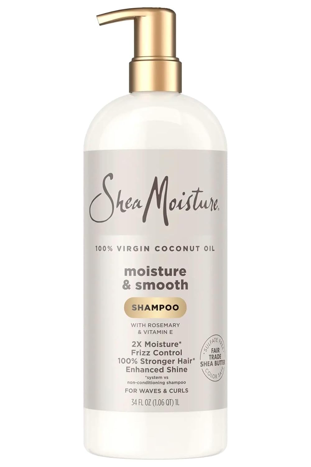 SheaMoisture coconut oil shampoo bottle for frizz control on waves and curls.