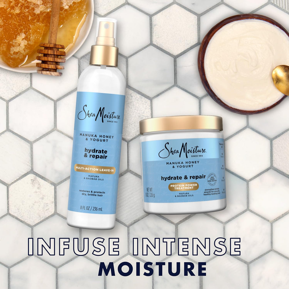 Hidratación intensa de SheaMoisture para cabello seco con brillo.