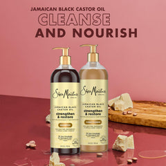 SheaMoisture Jamaica Black Castor Oil, ingredientes clave, revitalizan cabello dañado con nutrición visible.