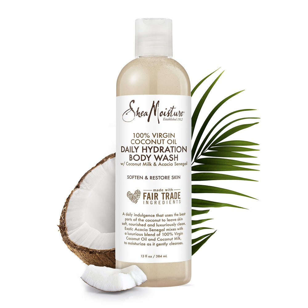 SheaMoisture leche de coco virgen para piel nutrida tras la ducha.