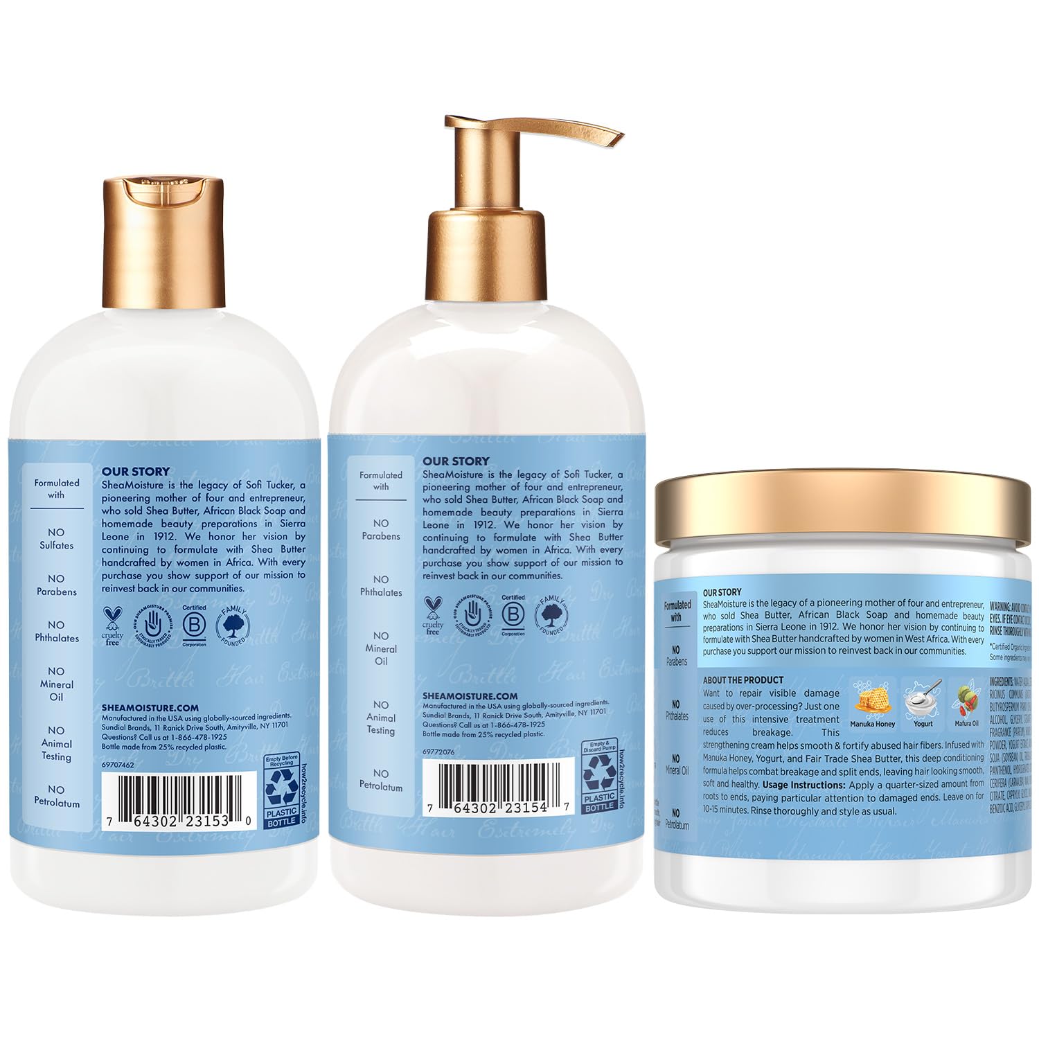 SheaMoisture Acondicionador Manuka Miel Yogur, botella, cabello suave y fácil de peinar.