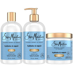 SheaMoisture Manuka Miel Yogur Champú, botella, cabello limpio y nutrido tras cada lavado.