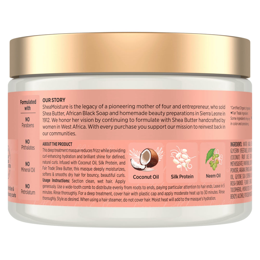Envase de mascarilla SheaMoisture coco hibisco para cabello seco.