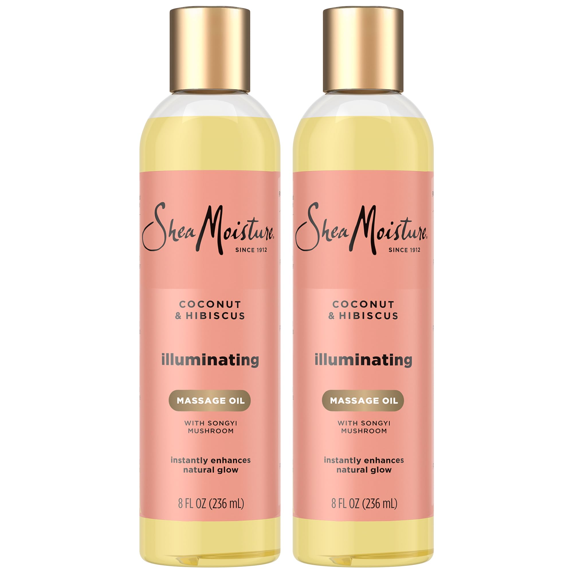 SheaMoisture Massage Oil: botella con coco e hibisco para hidratación profunda tras la ducha.