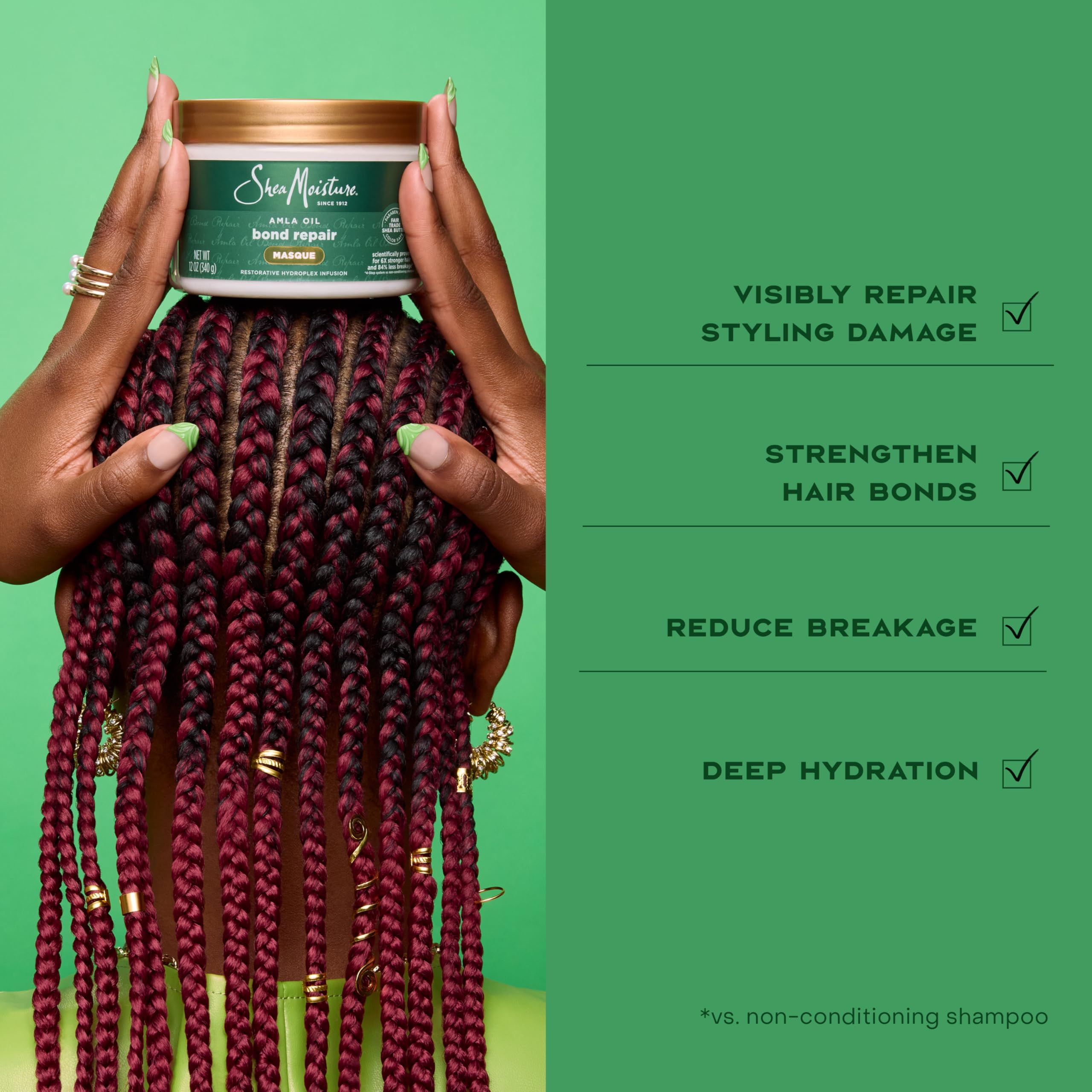 Mezcla de aminoácidos y aceite amla refuerzan la fibra capilar en SheaMoisture.