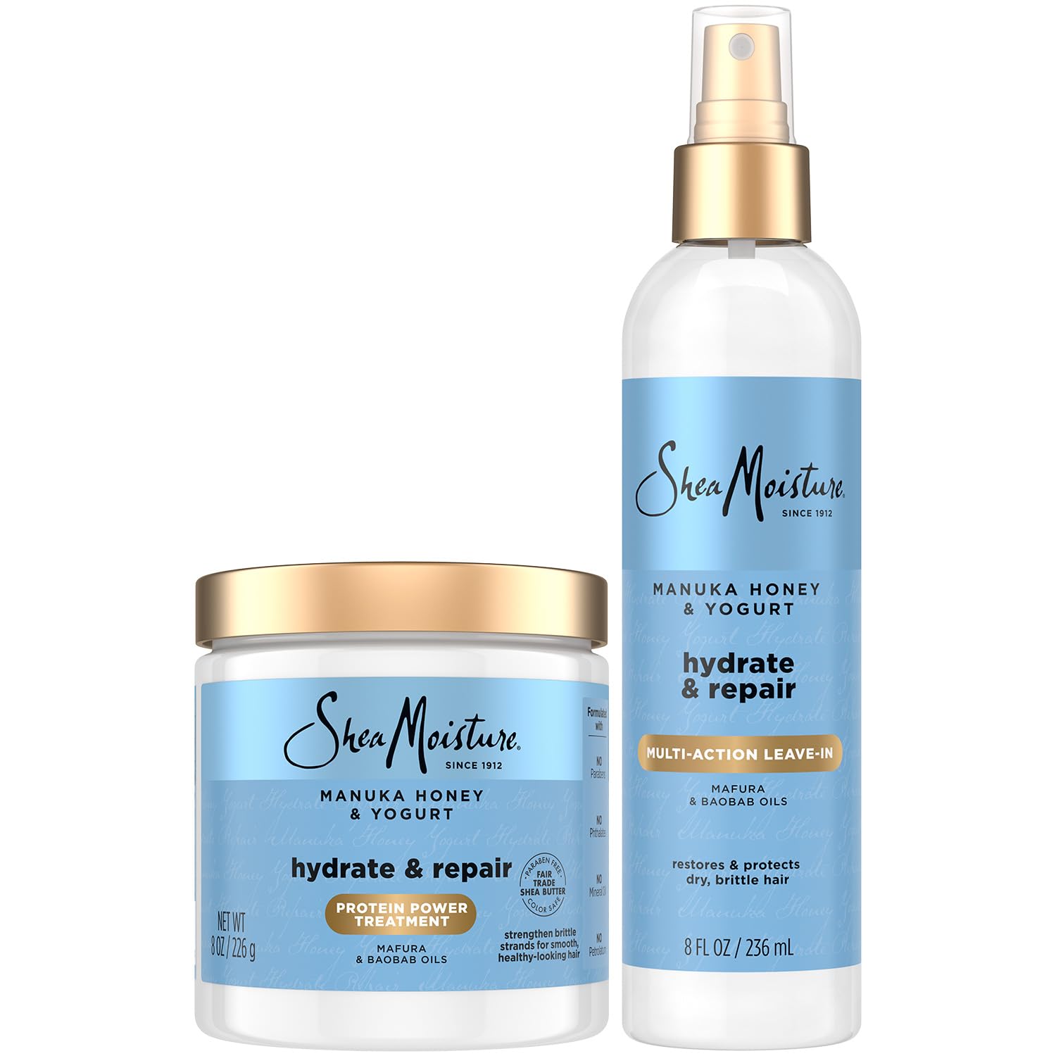 SheaMoisture botella con miel de Manuka y yogur para uso multiacción en el cabello.
