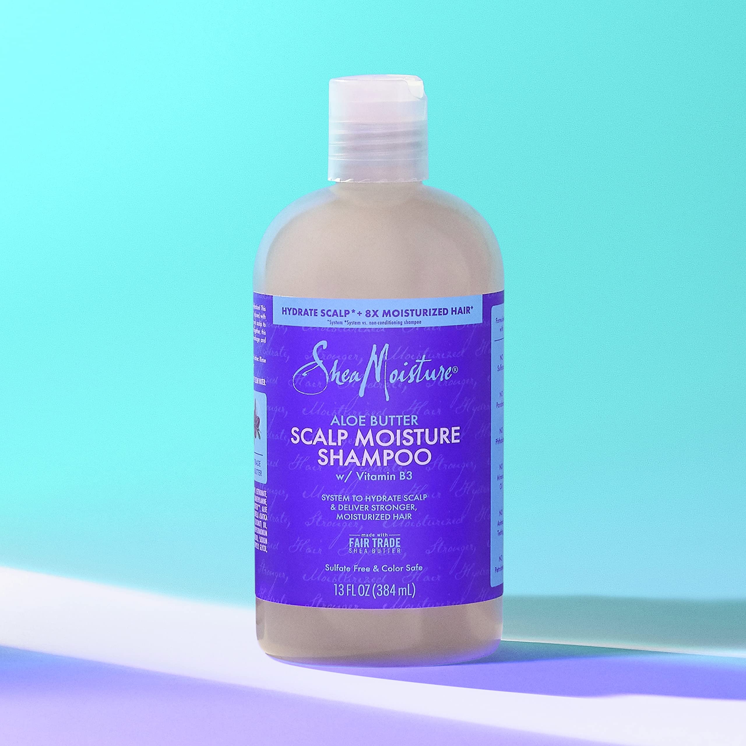 Sulfate-free label on SheaMoisture Scalp Moisture Shampoo promotes gentle cleansing.
