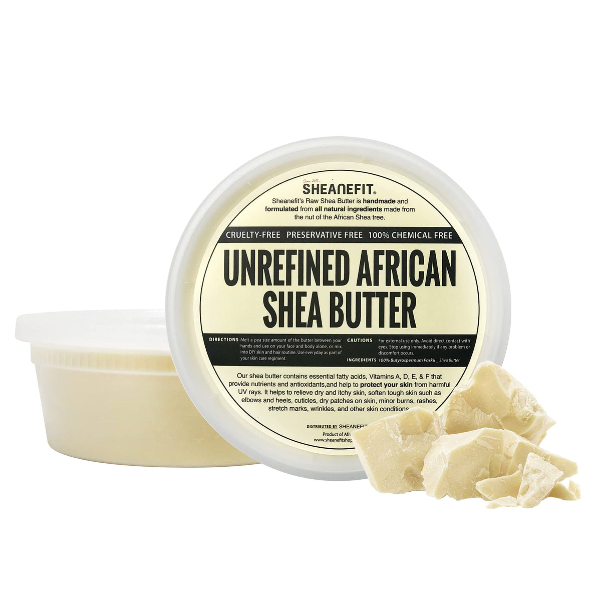 Sheanefit manteca de karité cruda, frasco marfil 8 onzas, hidratación suave para rostro y cuerpo.