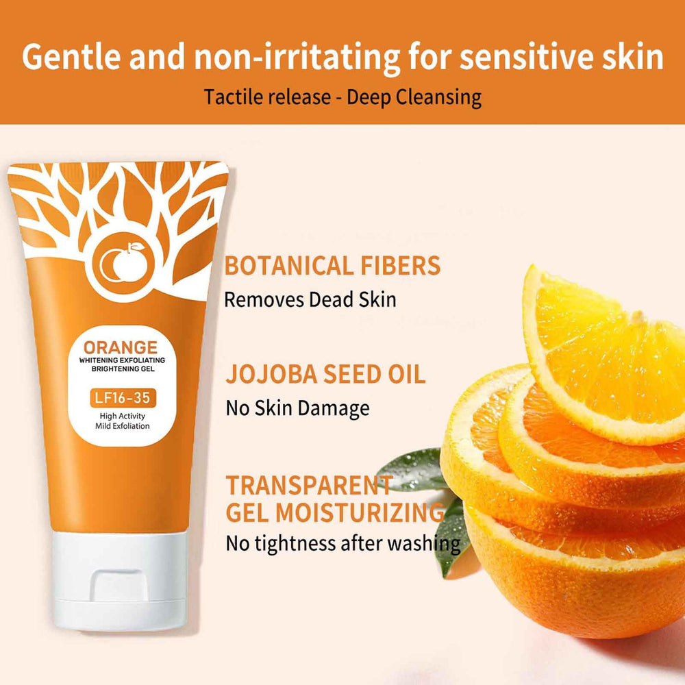 Sheghy orange exfoliating gel jar closeup highlighting texture