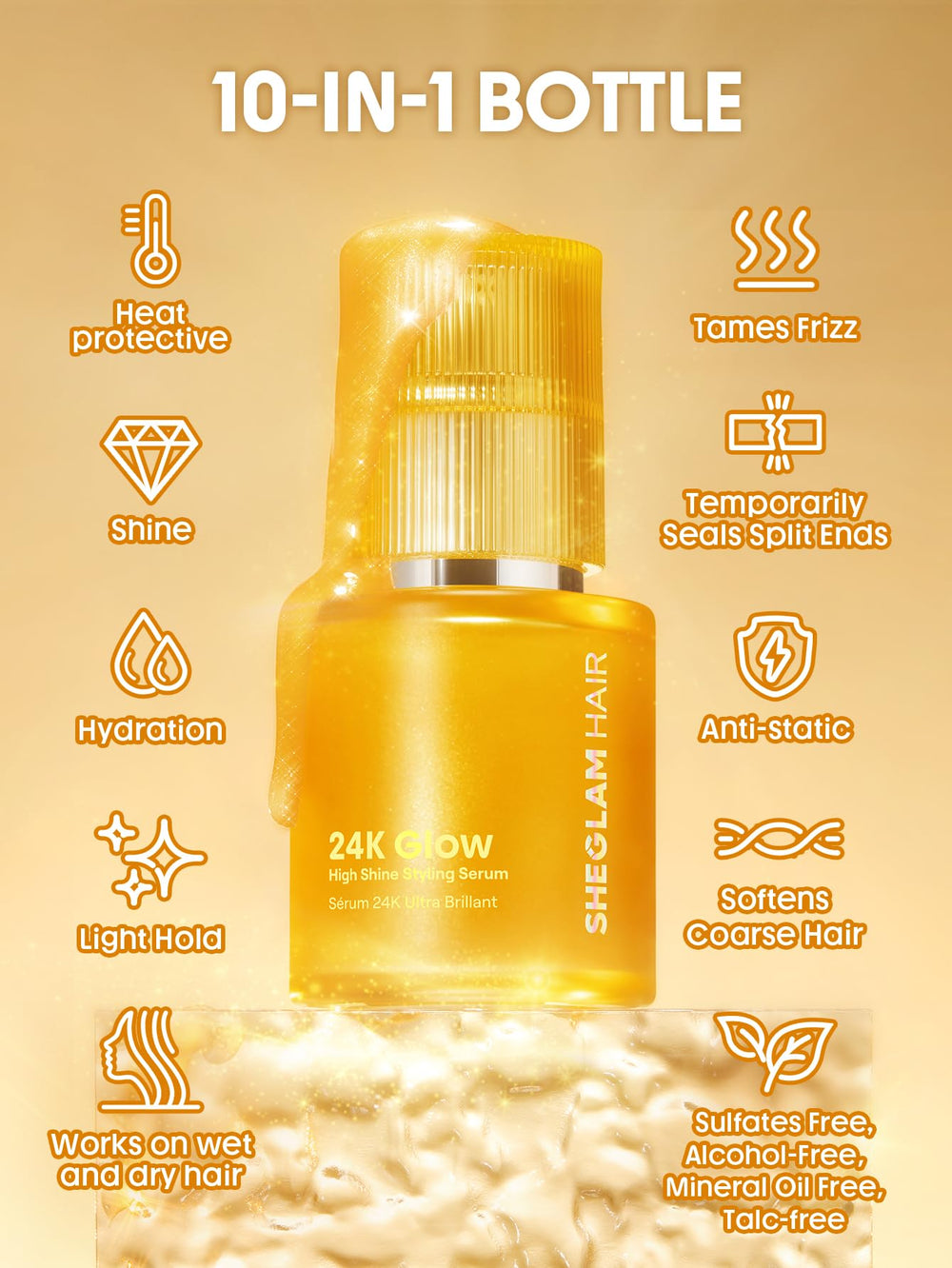 SHEGLAM 24K Glow Hair Oil Serum oil dispense showing nourishing sheen.