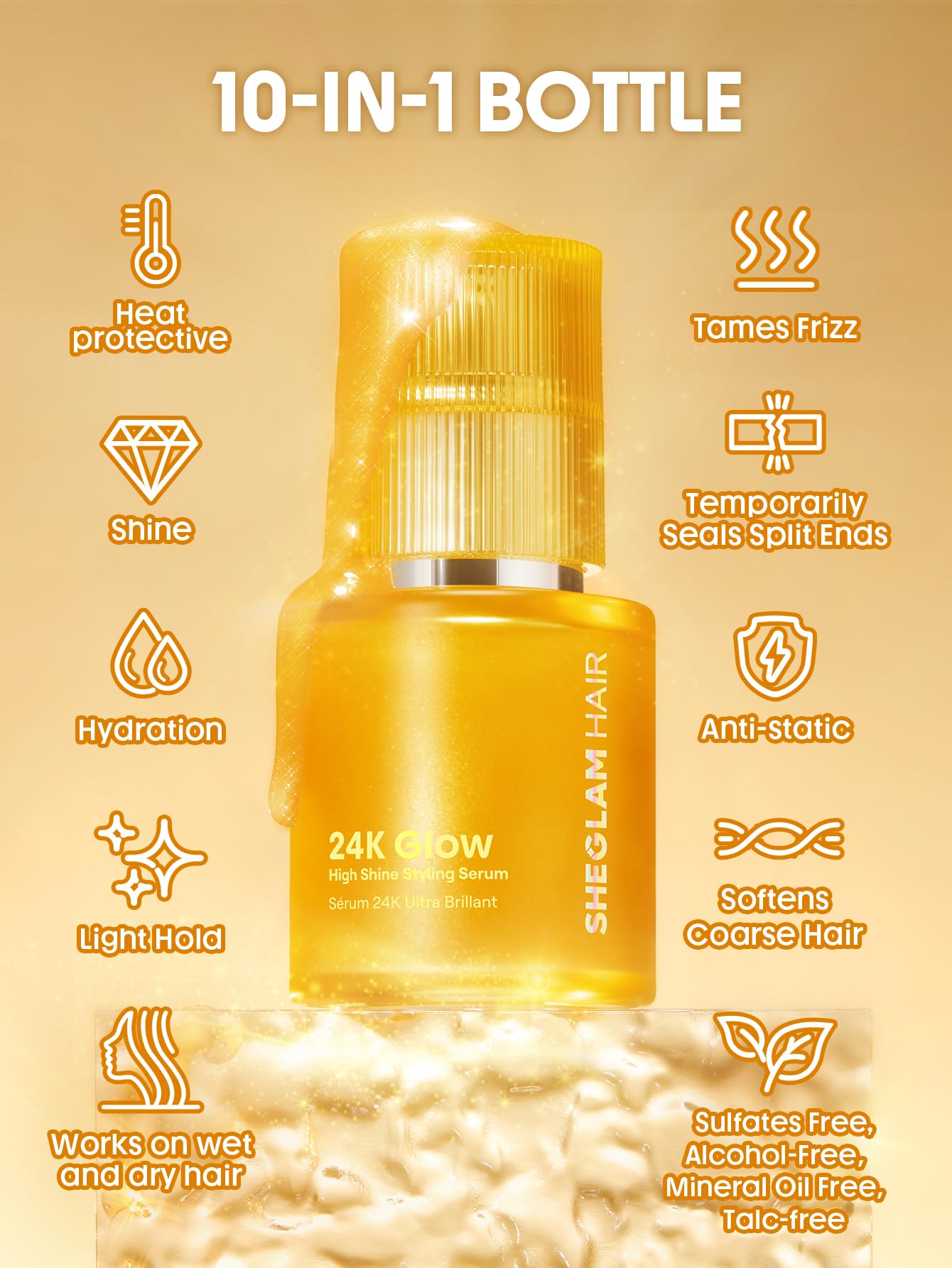 SHEGLAM 24K Glow Hair Oil Serum oil dispense showing nourishing sheen.