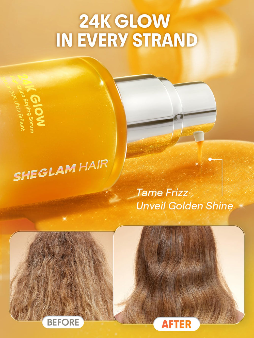 SHEGLAM 24K Glow Hair Oil Serum packaging highlighting vegan clean formula.