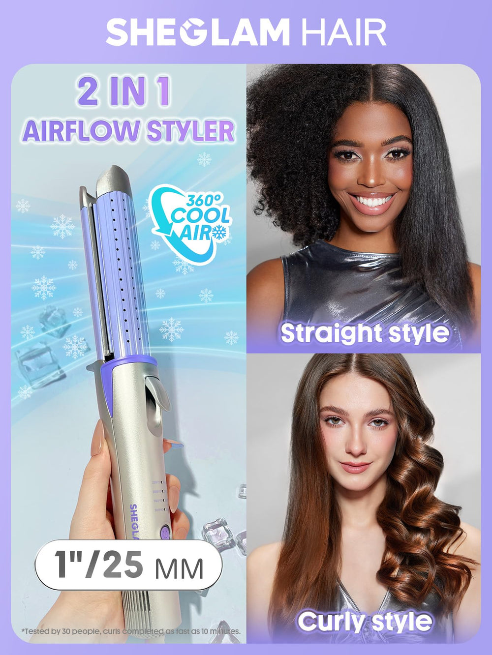 SHEGLAM Hair Cool Lock Airflow Styler muestra ventilas de enfriamiento que fijan el estilo sin daño.