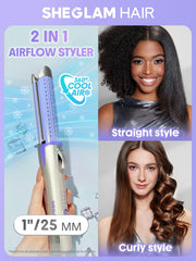 SHEGLAM Hair Cool Lock Airflow Styler muestra ventilas de enfriamiento que fijan el estilo sin daño.