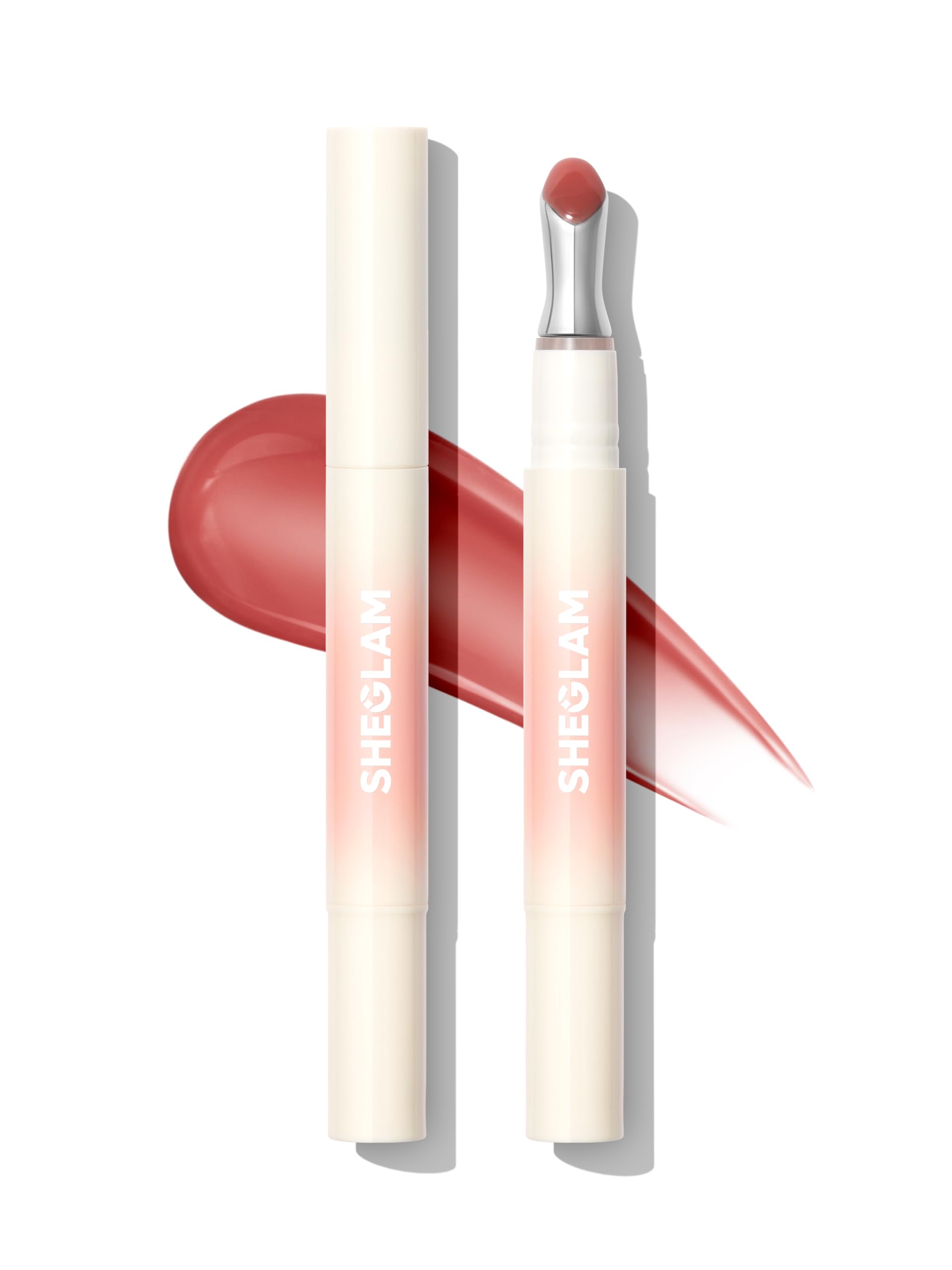 SHEGLAM brillo labial hidratante en velo rosado, acabado suave.