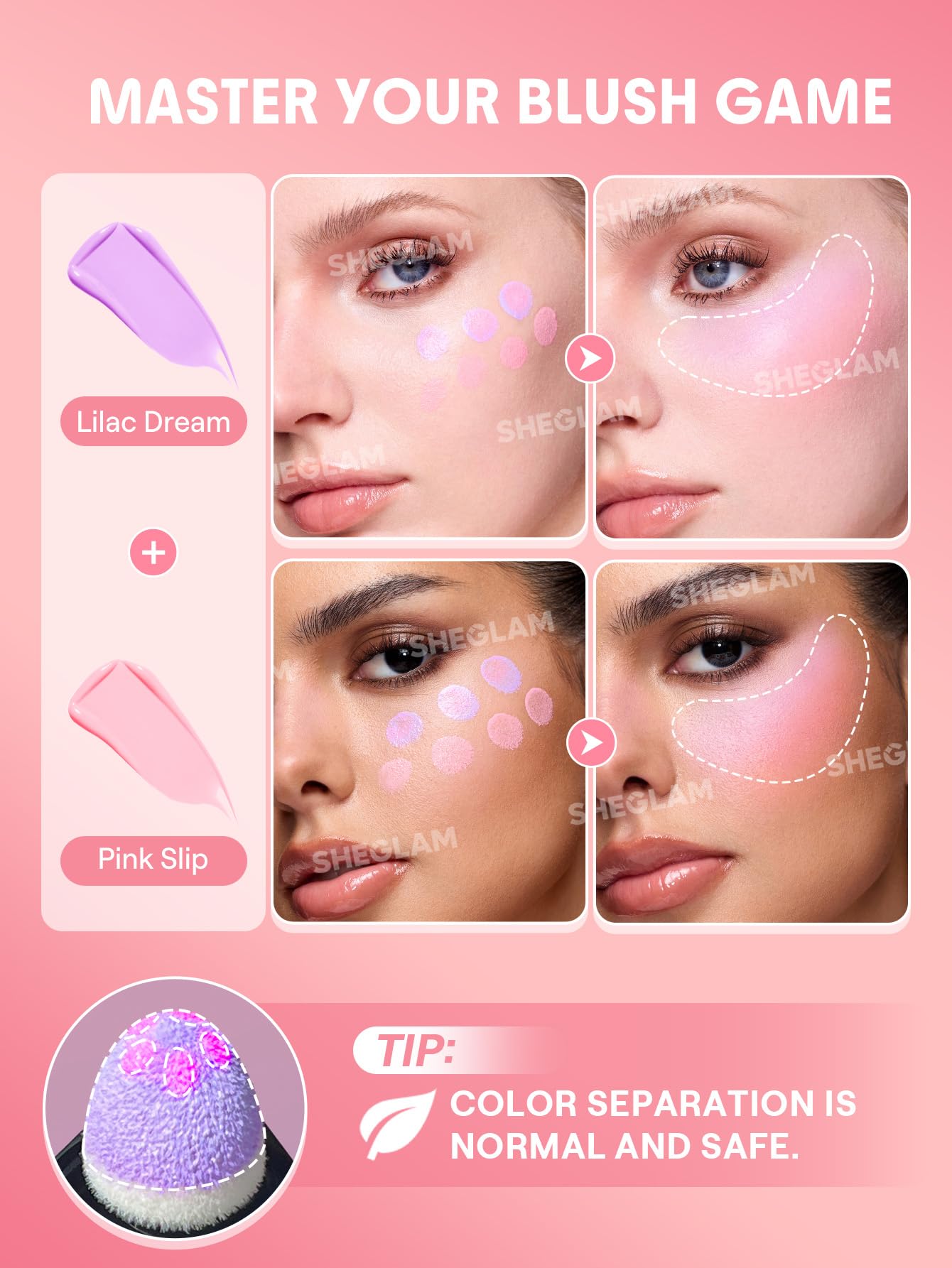 SHEGLAM Color Bloom Rosa Deslizante, cobertura ligera para un look natural.
