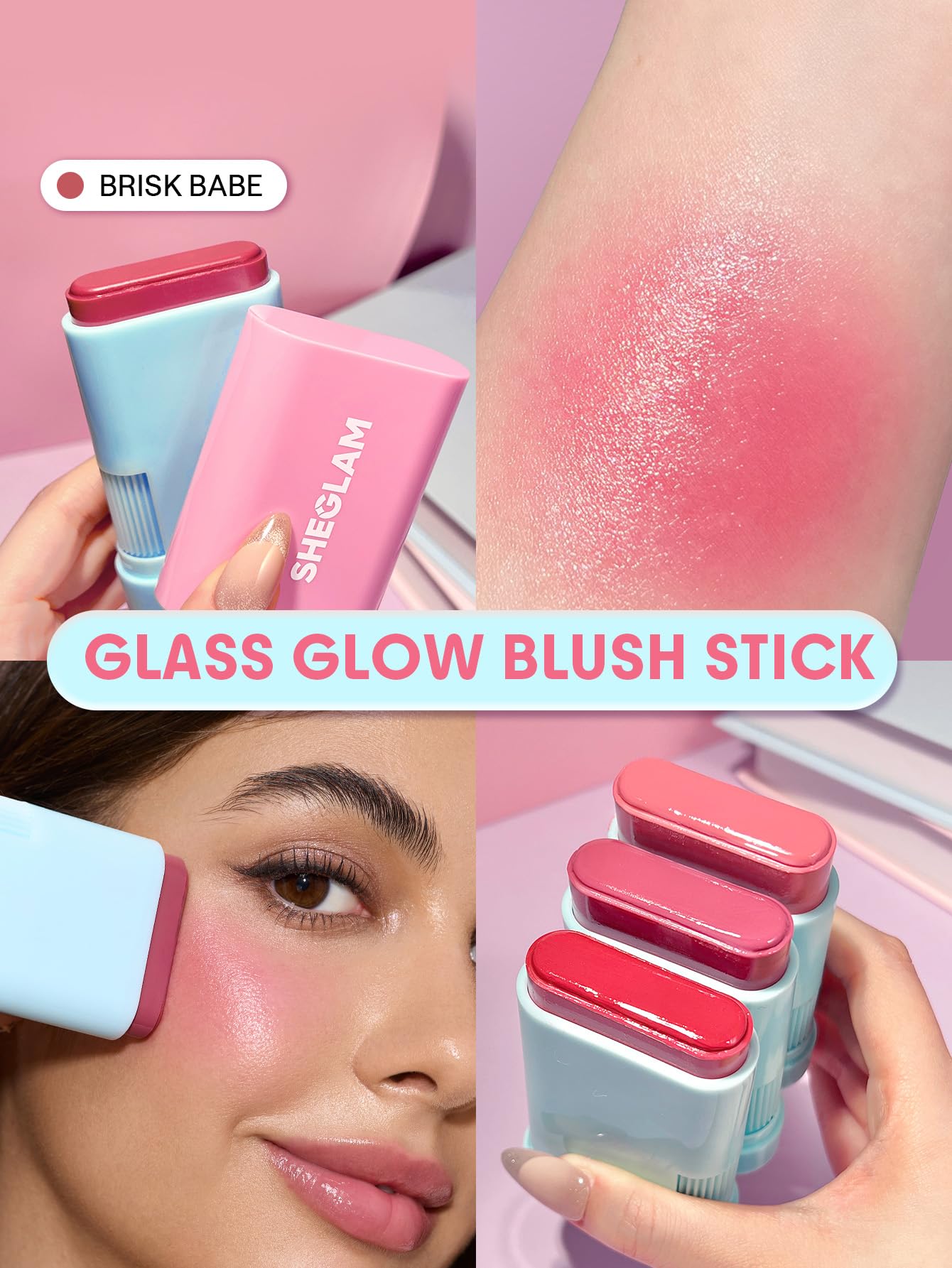 SHEGLAM Glass Glow Blush Stick presenta tono natural para labios con brillo suave.