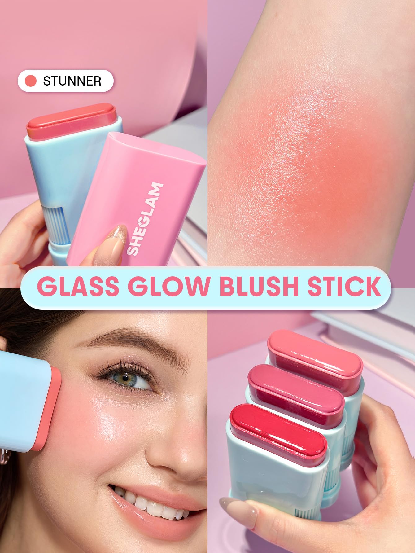 SHEGLAM Glass Glow Blush Stick swatch tono natural en piel.