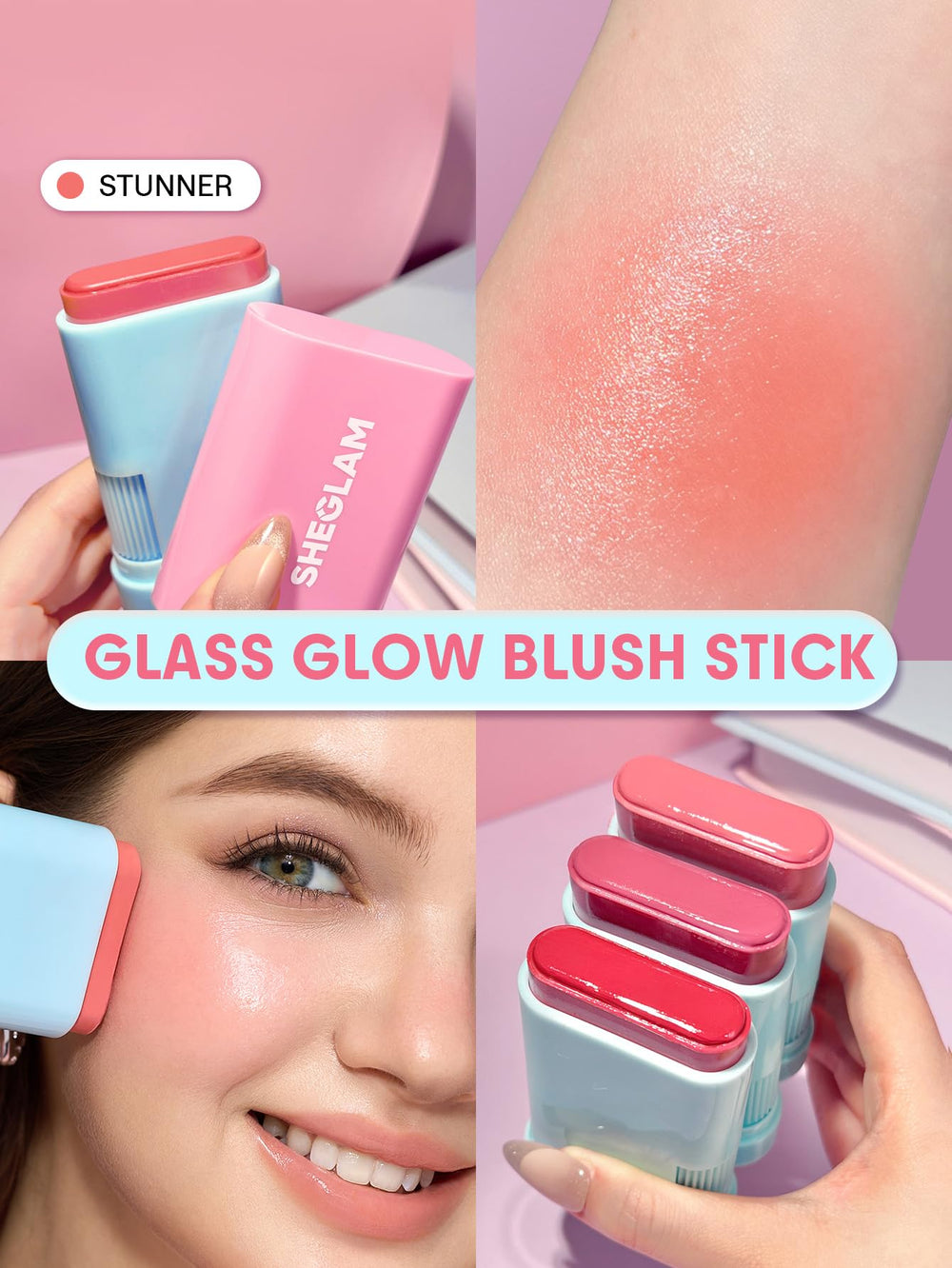 SHEGLAM Glass Glow Blush Stick swatch tono natural en piel.