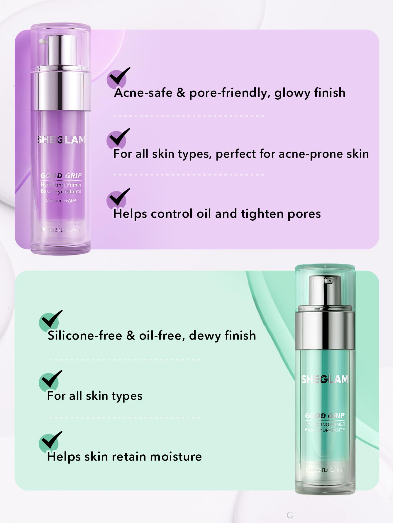 SHEGLAM Good Grip Primer, certificado libre de crueldad para maquillaje consciente.