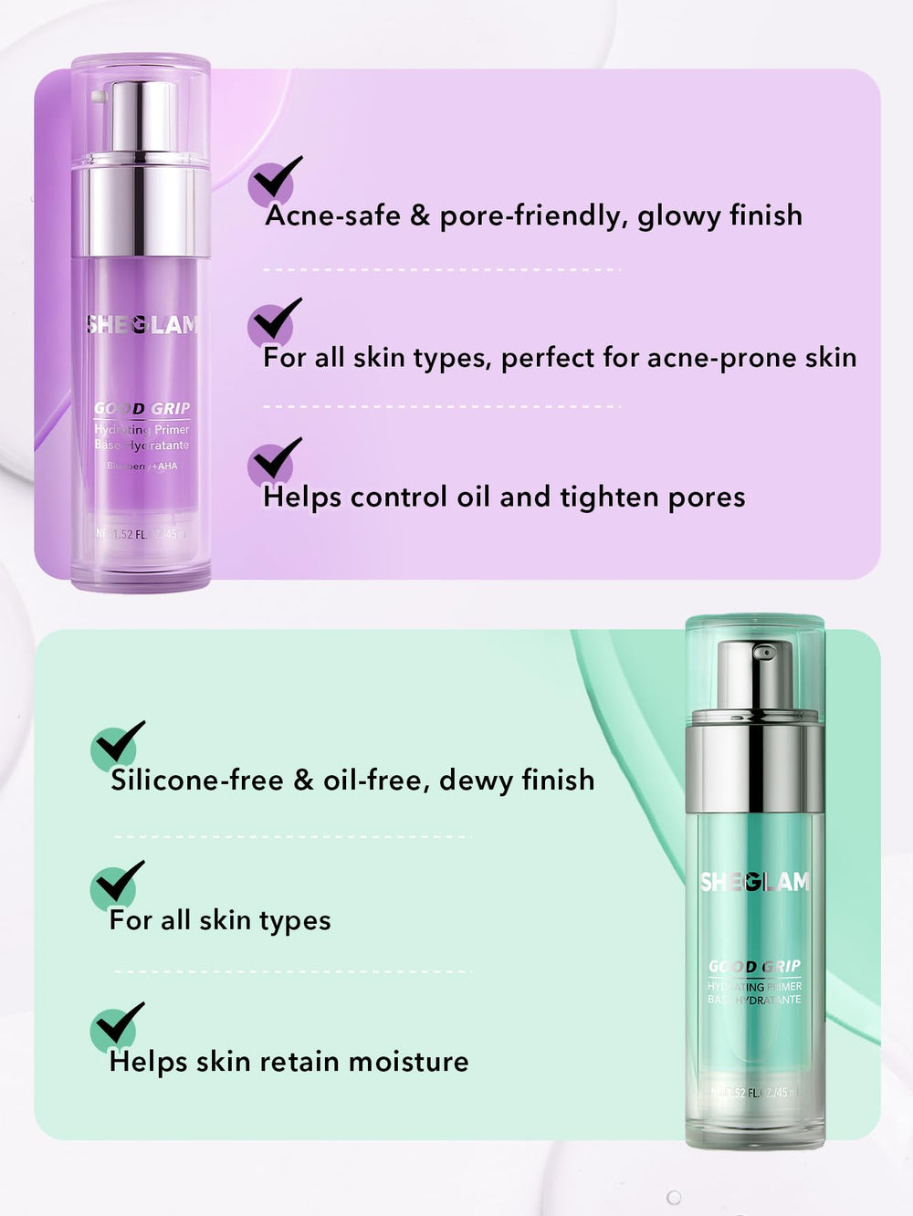 SHEGLAM Good Grip Primer, certificado libre de crueldad para maquillaje consciente.